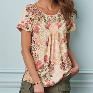 Soft Surroundings Small Floral Animal Print Short Sleeve Top Boho